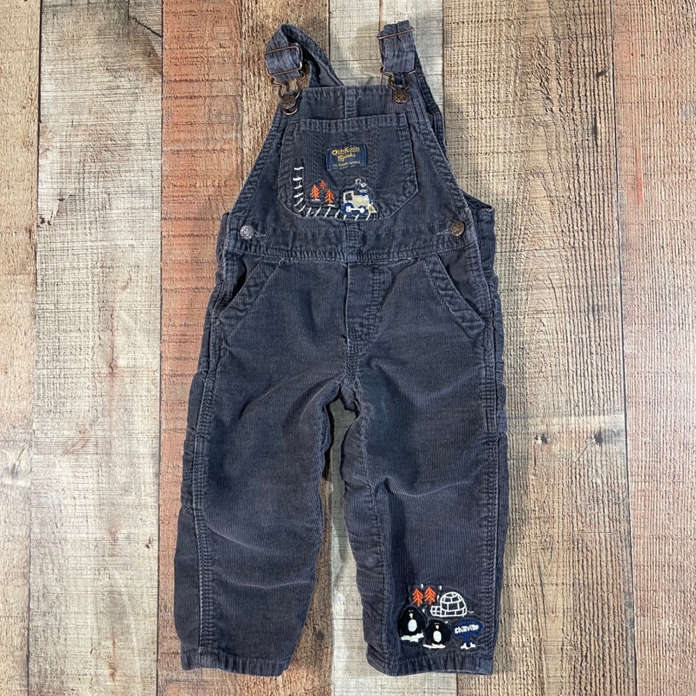 OshKosh B'gosh Gray Corduroy Penguin Embroidered Cargo Overalls 18 Months